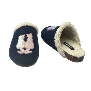 Lands' End Kitty Cats Slippers 8 Blue Sherpa Lined Cat Lover Cozy Indoor Outdoor